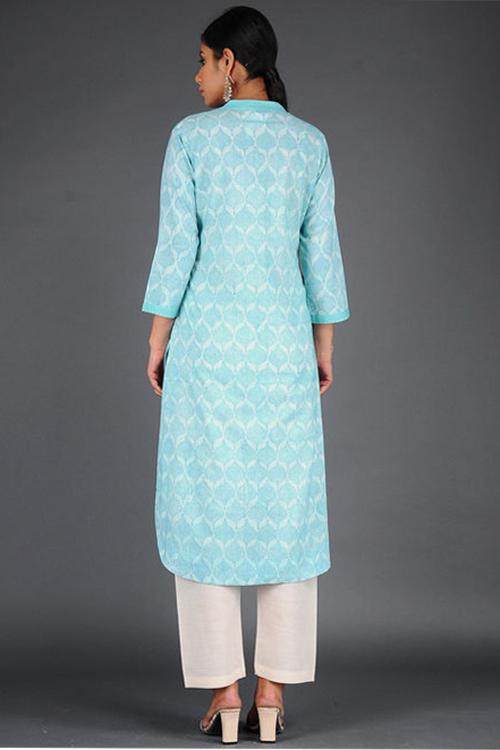 Charchara Print Pintuck Kurta' Blue Block Printed Kurta