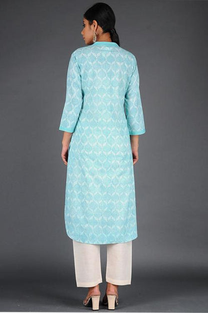Charchara Print Pintuck Kurta' Blue Block Printed Kurta