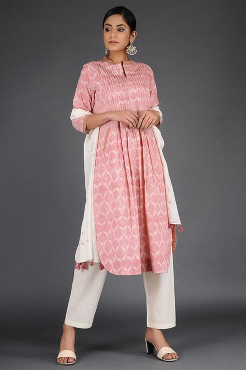 Charchara Print Pintuck Kurta' Coral Block Printed Kurta