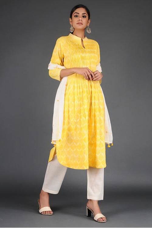Charchara Print Pintuck Kurta' Yellow Block Printed Kurta