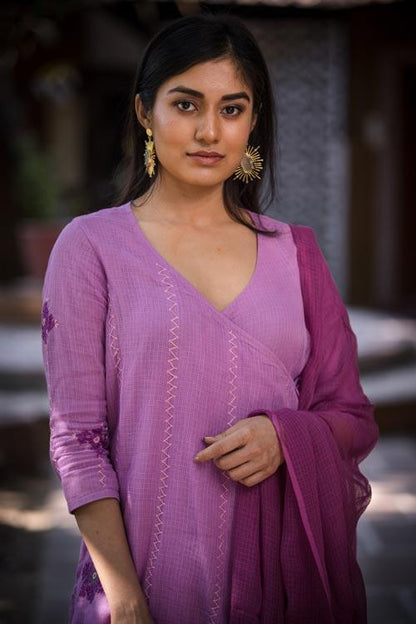 Dulari'Hand Embroidered lilac kotta doriya kurta . 2pc set (kurta and dupatta)
