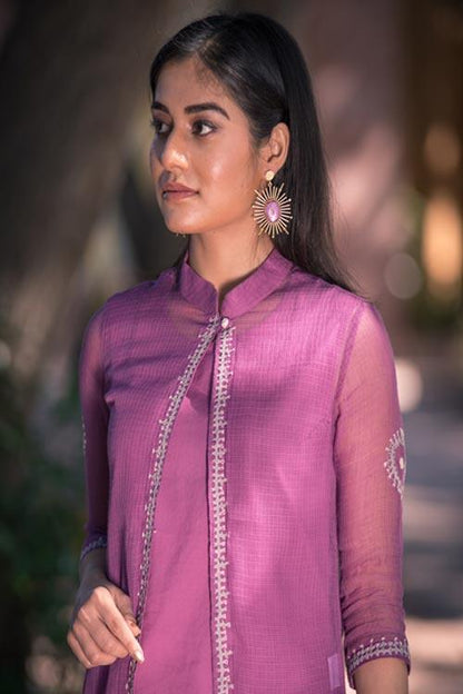 Aahana' Hand Embroidered purple Kotta doriya kurti jacket . 3pc set (kurti with Slip and pant)
