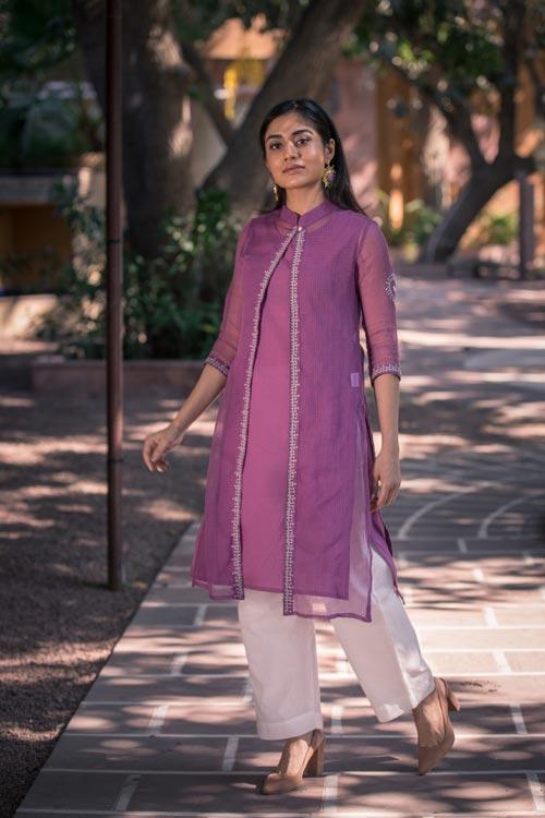 Aahana' Hand Embroidered purple Kotta doriya kurti jacket . 3pc set (kurti with Slip and pant)