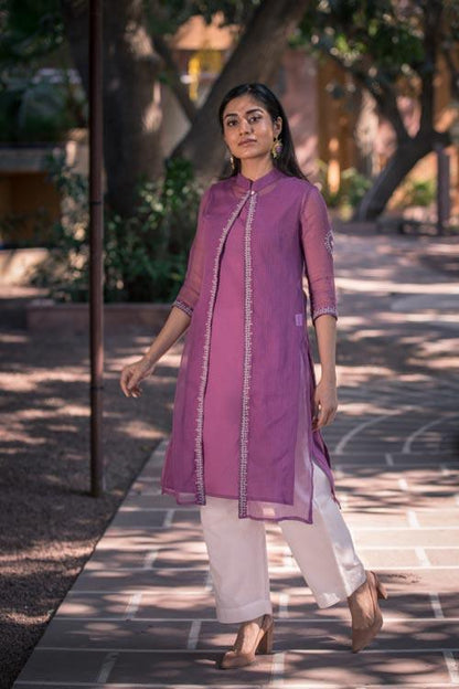 Aahana' Hand Embroidered purple Kotta doriya kurti jacket . 3pc set (kurti with Slip and pant)