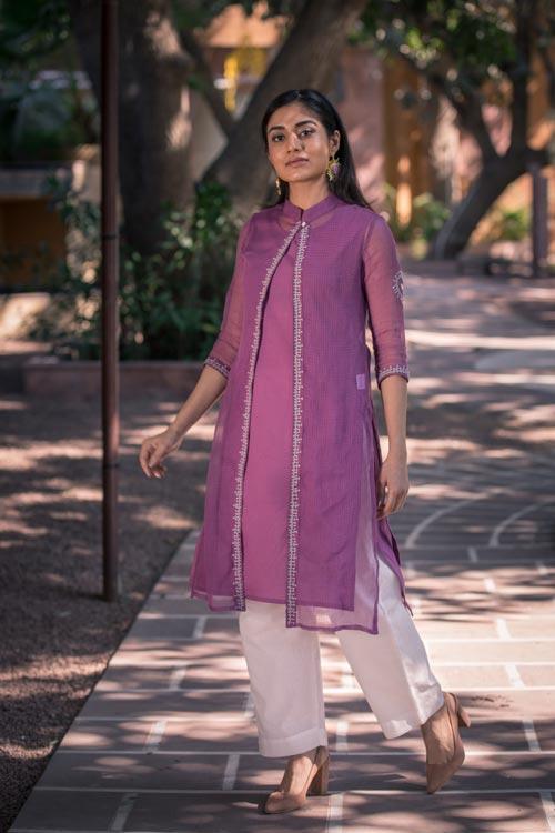 Aahana' Hand Embroidered purple Kotta doriya kurti jacket . 3pc set (kurti with Slip and pant)