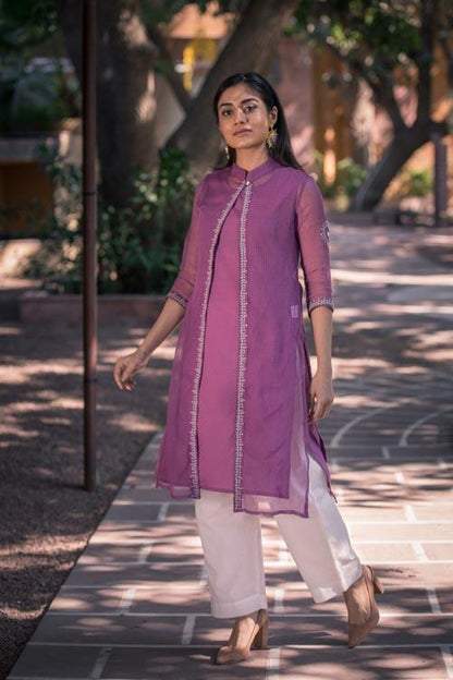 Aahana' Hand Embroidered purple Kotta doriya kurti jacket . 3pc set (kurti with Slip and pant)