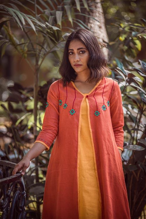Anmol'Hand Embroidered Orange Kotta doriya dress . 2pc set (Jacket and Slip)