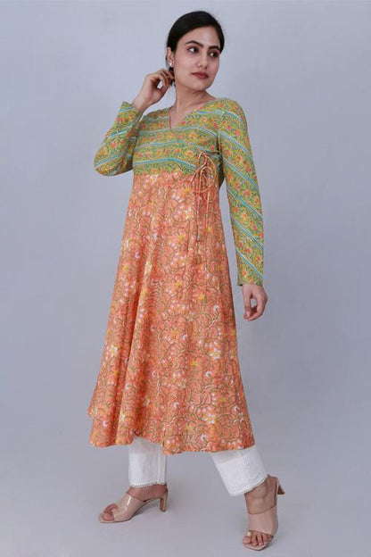 Kali Kurta' Green and orange Block Printed Kurta