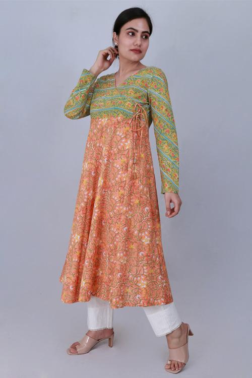 Kali Kurta' Green and orange Block Printed Kurta
