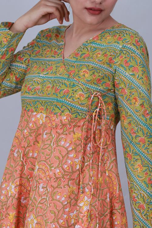 Kali Kurta' Green and orange Block Printed Kurta