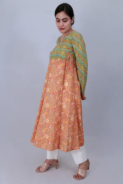 Kali Kurta' Green and orange Block Printed Kurta