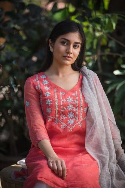 Charu' Hand Embroidered pink kotta doriya kurta . 2pc set (kurta and dupatta)