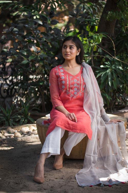 Charu' Hand Embroidered pink kotta doriya kurta . 2pc set (kurta and dupatta)