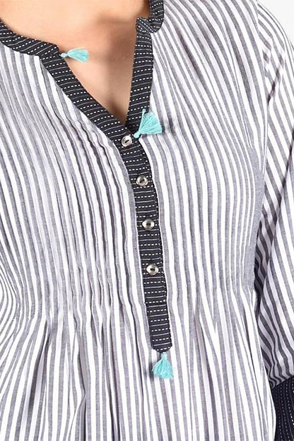 Black Trim Woven Kurta' Black Stripe Pintuck Kurta