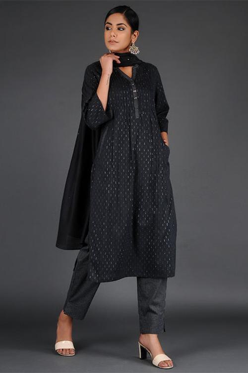 Lurex Pintuck Kurta' Black Woven Kurta