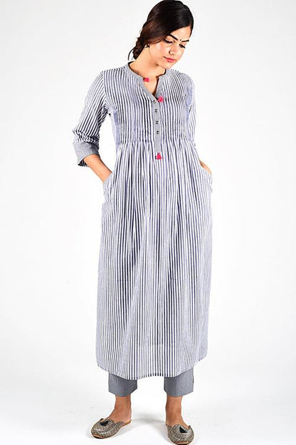 Grey Trim Woven Kurta' Grey Stripe Pintuck Kurta