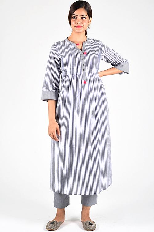 Grey Trim Woven Kurta' Grey Stripe Pintuck Kurta