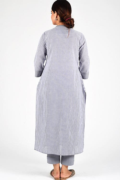 Grey Trim Woven Kurta' Grey Stripe Pintuck Kurta