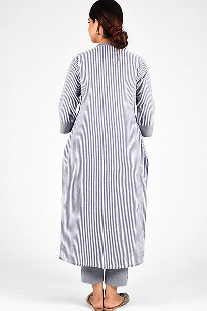Grey Trim Woven Kurta' Grey Stripe Pintuck Kurta