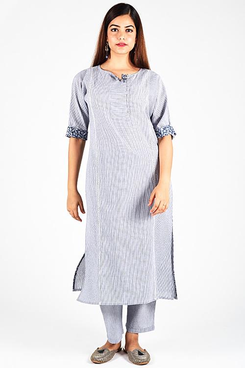 Charcoal Stripe Re Sana Kurta' Grey Woven Printed Kurta