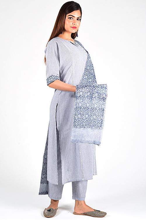 Charcoal Stripe Re Sana Kurta' Grey Woven Printed Kurta