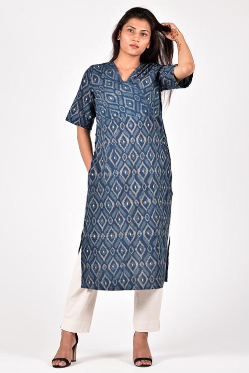 Diamond Embroidery Kurta' Indigo Block Printed Embroidered Kurta