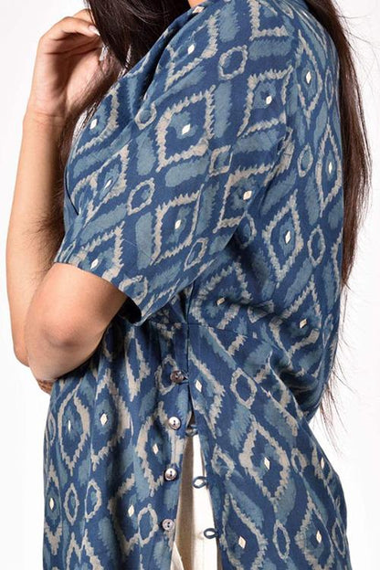 Diamond Embroidery Kurta' Indigo Block Printed Embroidered Kurta