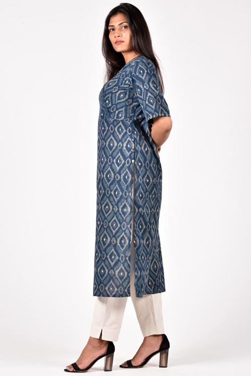Diamond Embroidery Kurta' Indigo Block Printed Embroidered Kurta