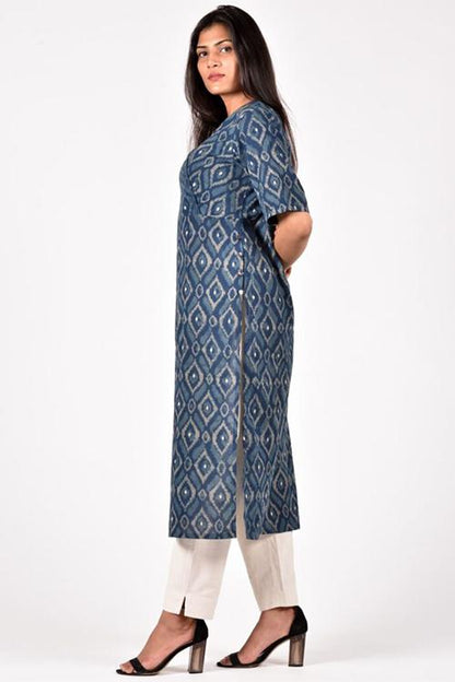 Diamond Embroidery Kurta' Indigo Block Printed Embroidered Kurta