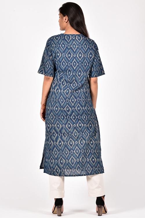 Diamond Embroidery Kurta' Indigo Block Printed Embroidered Kurta