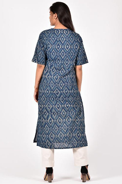 Diamond Embroidery Kurta' Indigo Block Printed Embroidered Kurta
