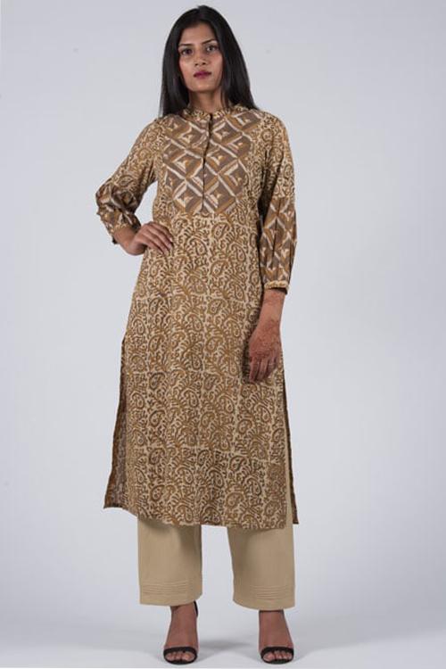 Mud Mustard Yoke Kurta' Mustard Block Printed Kurta