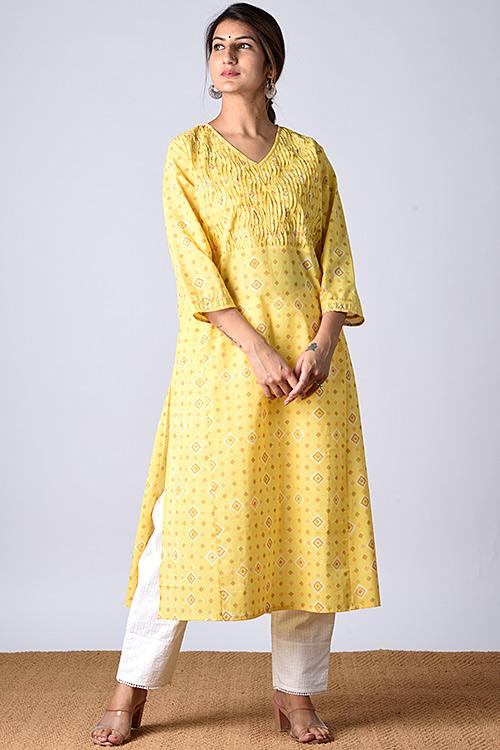 "Heera Kurta" Yellow Block Printed Kurta
