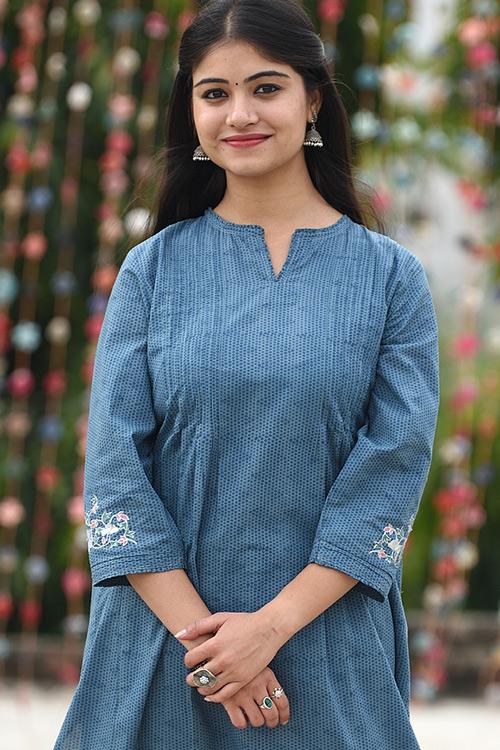 Embroidered Kalidar Kurta' Blue Block printed Kurta