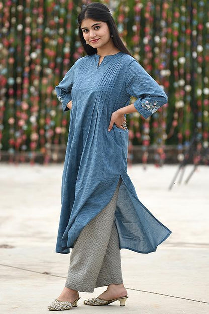 Embroidered Kalidar Kurta' Blue Block printed Kurta