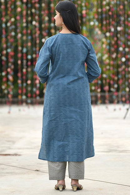 Embroidered Kalidar Kurta' Blue Block printed Kurta