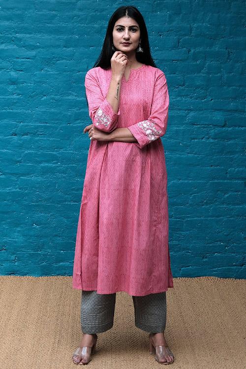 Embroidered Kalidar Kurta' Pink Block printed Kurta