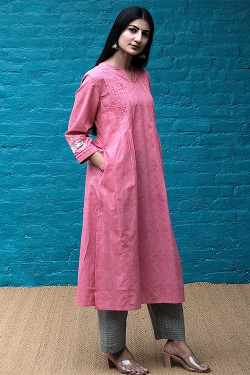 Embroidered Kalidar Kurta' Pink Block printed Kurta