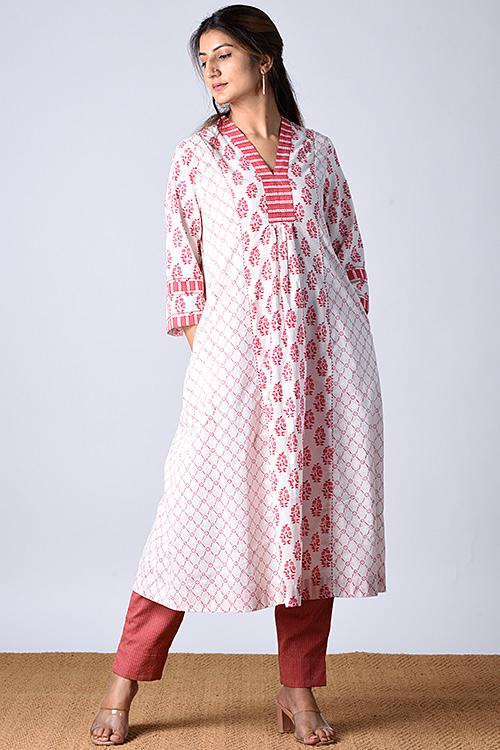 "Aman kurta" White Block Printed Kurta