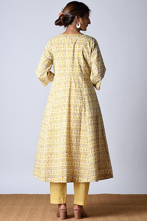 "Tarana Kurta" Yellow Block Printed Kurta and Pant Set