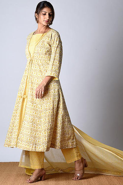 "Tarana Kurta" Yellow Block Printed Kurta and Pant Set