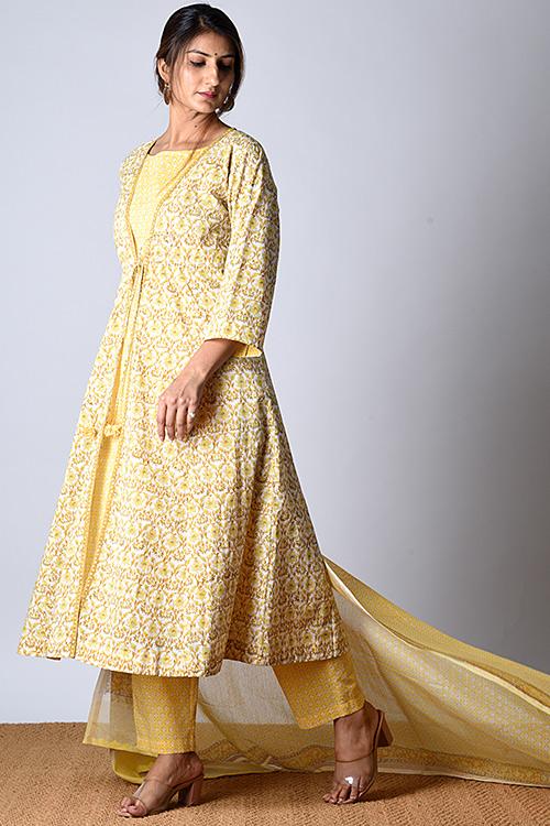 "Tarana Kurta" Yellow Block Printed Kurta and Pant Set