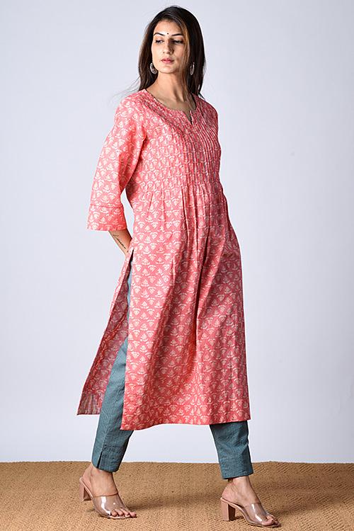 "Moonga Kurta" Peach Block Printed Kurta