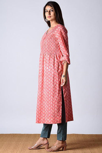 "Moonga Kurta" Peach Block Printed Kurta