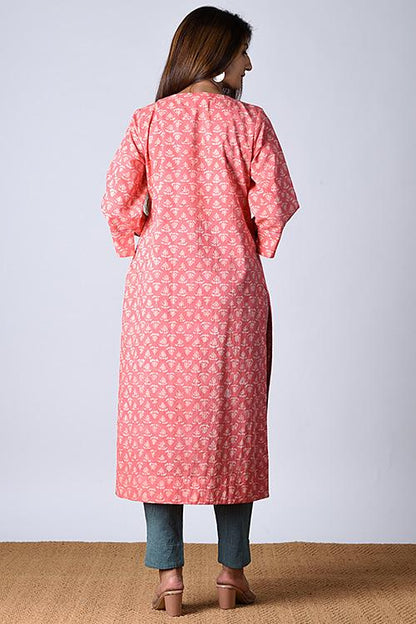 "Moonga Kurta" Peach Block Printed Kurta