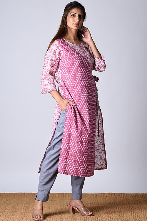 "Jama kurta " Pink Block Printed Kurta