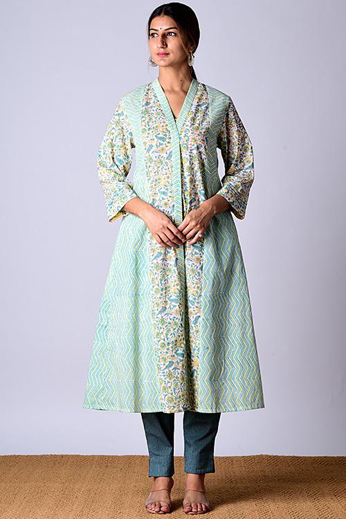 "Suhaani Kurta" Green Block Printed Kurta