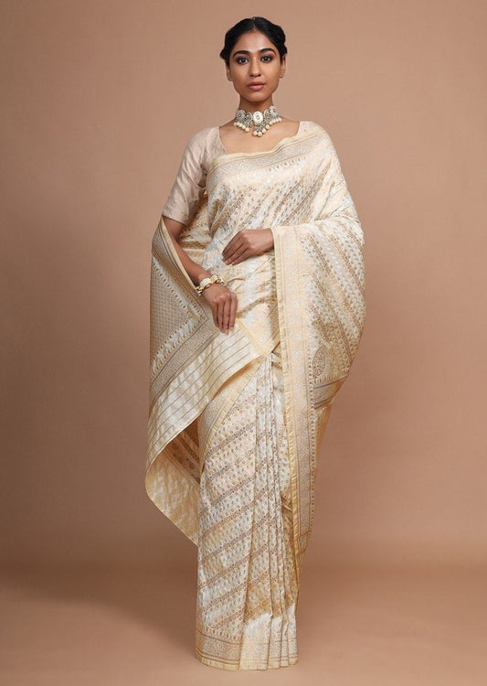 Cream Beige Banarasi Saree In Silk With Weaved Floral Design By The Roy