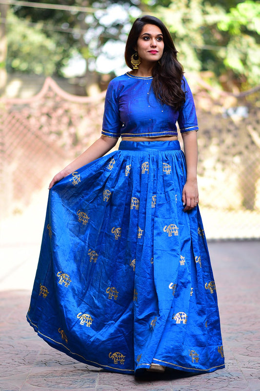 Blue Elephant Chanderi Lehenga (Set of 2)