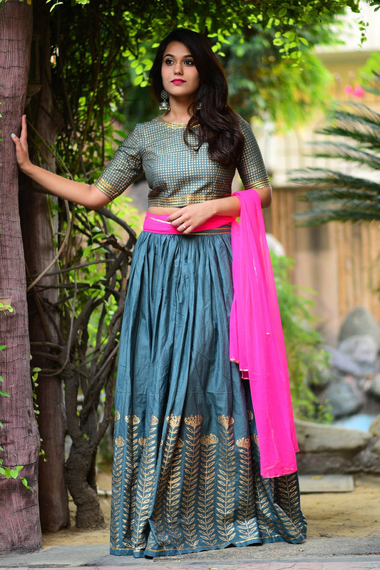 Turquoise Blue Floral Lehenga Set with Dupatta (Set of 3)